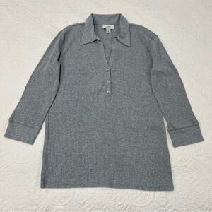 LOFT Woman’s Gray Ribbed Long Sleeve Collared Henley Top | Size XL
